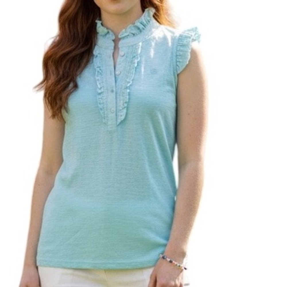 Lilly Pulitzer Sleeveless Ruffle Collar Top Turquoise Pima Cotton XS
